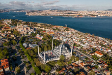 Aerial View Of Hagia Sophia Mosque And The Blue Mosque In Sultanahmet European District Along The Marmara See In Istanbul Downtown, Turkey.