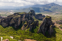 Aerial View Of Meteora Unique Rock Formations Landscape, Trikala, Thessaly, Greece.