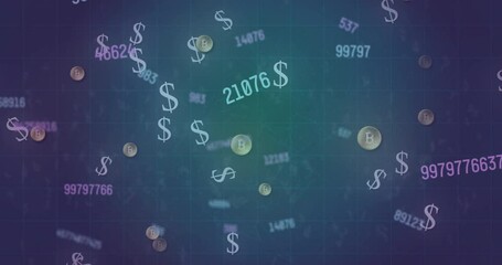Poster - Animation of changing numbers over dollar symbols and bitcoins against abstract background