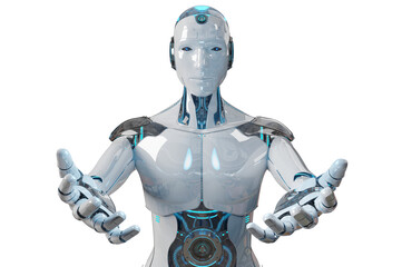 Poster - Isolated robot opening his two hands. Futuristic cyborg. 3D rendering white and blue humanoid cut out with transparent background