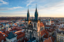 Aerial View Of Church Of Our Lady Before Tyn In Old Town Prague, Czech Republic.