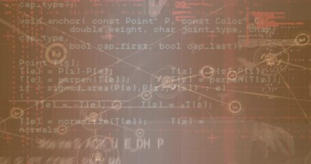 Poster - Animation of connected icons over computer language and looping letters on abstract background