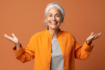 Smiling middle age woman showing a gesture with expression created with ai generative tools