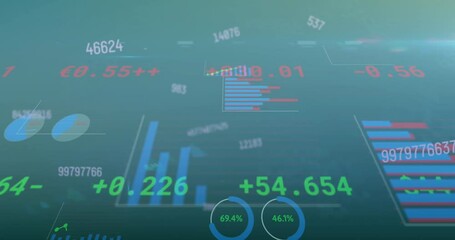 Poster - Animation of changing numbers over trading board, graphs, loading circles on blue background
