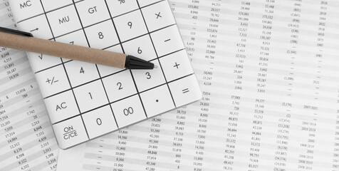 Poster - Calculator with pen on financial statement. Financial and accounting concept.