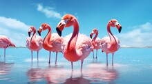 A Group Of Flamingos Are Standing In The Water. Generative AI