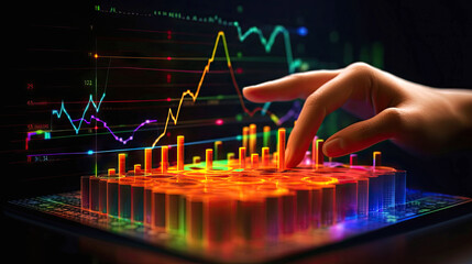 Businessman hand using digital tablet and showing a growing virtual hologram of statistics, graph and chart with arrow up on dark background. blurred concept, Generative AI illustration