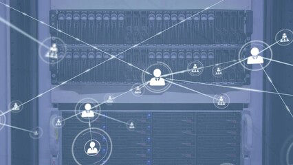 Poster - Animation of network of profile icons against close up of a computer server