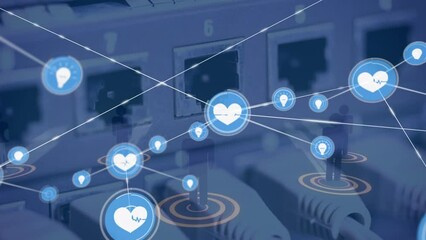 Poster - Animation of network of digital icons and business networking icons over close up of computer server