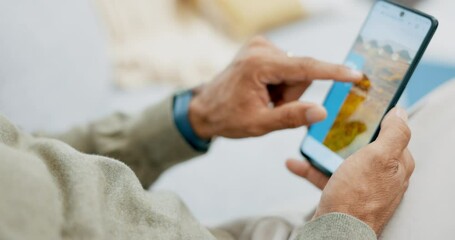 Canvas Print - Phone screen, hands and travel search on social media website of a person with accommodation booking. Holiday, catalog application and scroll of a mature man on a traveling and vacation app at home