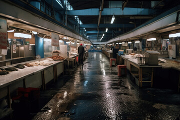 Wall Mural - A fish market with tables, shelves and lots of different fish, generative AI.