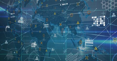 Poster - Animation of network of profile icons, world map and light trails against blue background