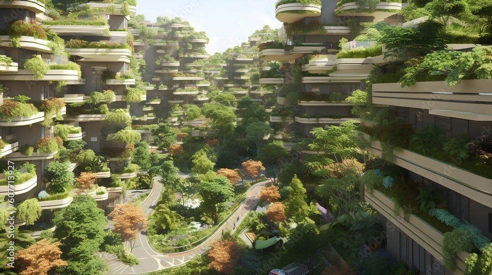 Imaginative representation of a sustainable city showcasing green roofs ...