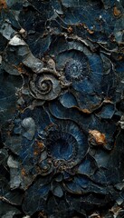 Poster - Fossilized ammonite sea shell spirals embedded into dark cobalt blue slate rock. Prehistoric layered and ridged stone texture with detailed surface patterns - generative ai