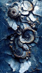 Wall Mural - Fossilized ammonite sea shell spirals embedded into dark cobalt blue slate rock. Prehistoric layered and ridged stone texture with detailed surface patterns - generative ai