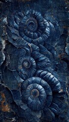 Wall Mural - Fossilized ammonite sea shell spirals embedded into dark cobalt blue slate rock. Prehistoric layered and ridged stone texture with detailed surface patterns - generative ai