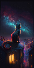 Sticker - cat on the roof looking at the night Generative AI