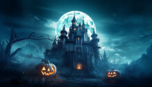 Halloween Background. Scary Haunted Castle Poster. Generative Ai