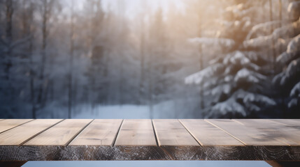 An empty wooden counter table top for product display showcase stage in snowy mountain with a forest of fir trees background. Generative AI