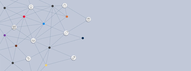 Poster - Business and network connection concept with infographic elements and icons. Digital communication technology, networking and connected dots lines.