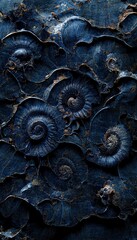 Wall Mural - Fossilized ammonite sea shell spirals embedded into dark cobalt blue slate rock. Prehistoric layered and ridged stone texture with detailed surface patterns - generative ai