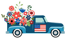 Blue American Patriotic Pickup Truck With Flowers Illustration. Isolated On White Background. 4th Of July Themed Festive Card Design.