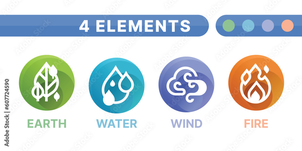 4 elements of nature symbols - earth, water, wind and fire with white ...