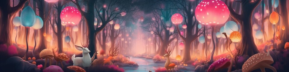 Wall Mural - A painting of a forest filled with lots of mushrooms. Generative AI image.