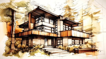 Wall Mural - Concept technical design sketches of houses and villas in ink & pencil and watercolor. Artistic sketches detail architecture showcasing modern and traditional houses. Generative AI