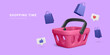 3d realistic plastic shopping cart with gift bags and social icons on blue background. Vector illustration