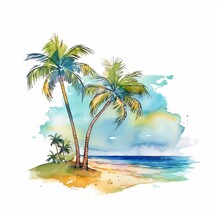 Holiday Summer Travel Vacation Illustration  - Watercolor Painting Of Palms, Palm Tree On Teh Beach With Ocean Sea, Design For Logo Or T Shirt, Isolated On White Background (Generative Ai)