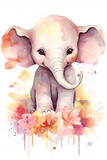 Fototapeta Pokój dzieciecy - Baby elephant watercolor clipart cute isolated on white background