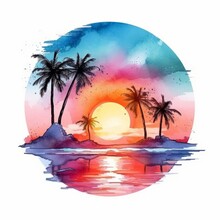 Holiday Summer Travel Vacation Illustration - Watercolor Painting Of Palms, Palm Tree Beach With Ocean Sea, Sunset Or Sunrise, Design For Logo Or T Shirt, Isolated On White Background (Generative Ai)