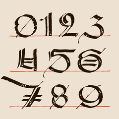 Gothic style numbers. Calligraphy uppercase and lowercase letters. Antique vintage blackletter vector set.