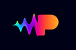 © kaer_fstock - P letter logo with pulse music player element. Vibrant sound wave flow line and glitch effect. Neon gradient icon.