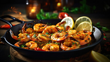 Spicy garlic chilli Prawns Shrimps on frying pan with lemon and cilantro. Generative Ai