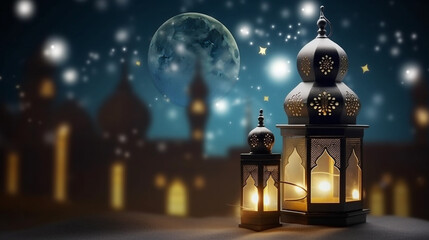 islamic background with moon lanterns and mosque for ramadan eid ul fitr and eid al adha eid milad muharram generative ai