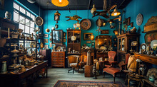 Interior Of An Antique Store With Old Vintage Classical Objects And Furniture. Generative Ai