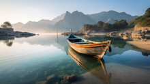 Old Wooden Boat On Lake Shore In Beautiful Mountain Landscape Generative AI