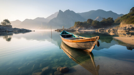 Old Wooden Boat on Lake Shore in Beautiful Mountain Landscape Generative AI