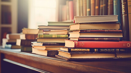 A stack of old books on table against background of bookshelf in library. Generative Ai