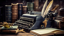 An Open Book With A Quill In Front Of Books With Vintage Typewriter. Generative Ai