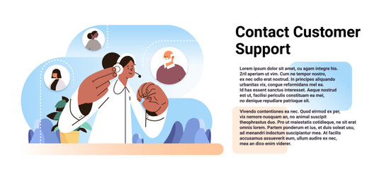 Poster - operator with headset chatting with clients call center contact customer support service concept