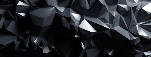 Wall Mural - 3d render, abstract black crystal background, faceted texture, macro panorama, wide panoramic polygonal wallpaper, Generative AI