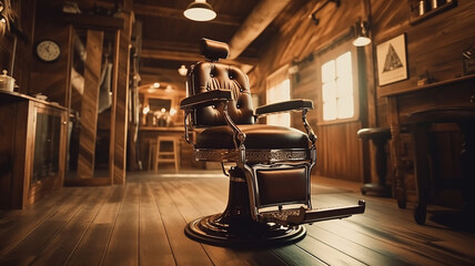 Stylish Vintage Barber Chair In Wooden Interior. Barbershop Theme. Generative Ai