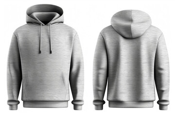 Men grey blank hoodie template,from two sides, natural shape on invisible mannequin, for your design mockup for print, isolated on white background Generative AI