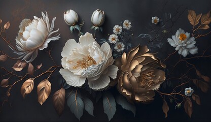 Wall Mural - Generative AI, Close up of blooming flowerbeds of amazing white and golden flowers on dark moody floral textured background. Photorealistic effect..