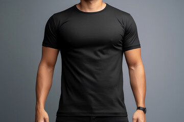 Modern clothing template, black t-shirt mockup on gray background, worn by strong man Generative AI