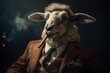 Portrait of a costumed sheep ram gentleman in a suit smoking a cigar