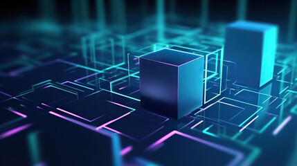 Poster - Modern digital abstract 3D background. Can be used in the description of network abilities, technological processes, digital storages, science, education, etc. Copy space. Based on Generative AI